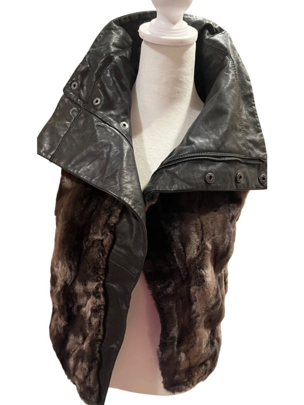 Kill City Black Genuine Leather Brown Faux Fur Vest High Collar XS